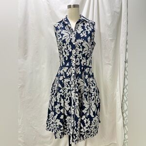 Taylor Navy and White Floral Sleeveless Shirt Dress